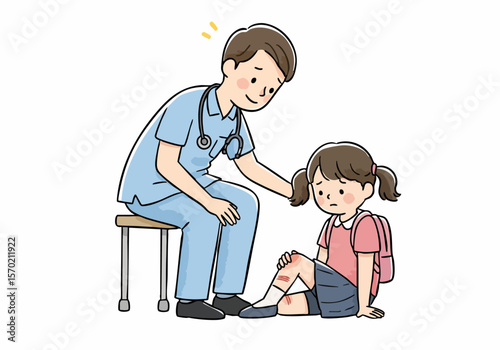Cartoon illustration of a doctor comforting a young girl with a scraped knee, depicting pediatric care and a minor injury.