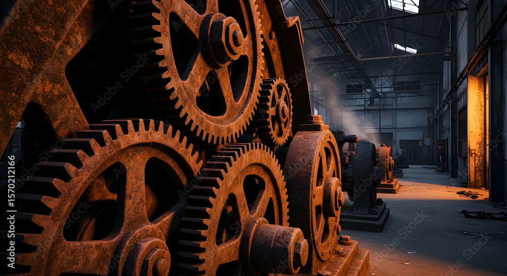 Fototapeta premium Industrial Revolution Era: Massive Rusty Gears Machinery Inside Factory