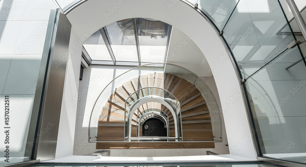 Fototapeta premium Modern Staircase In Architectural Detail With Glass And Wooden Design Elements