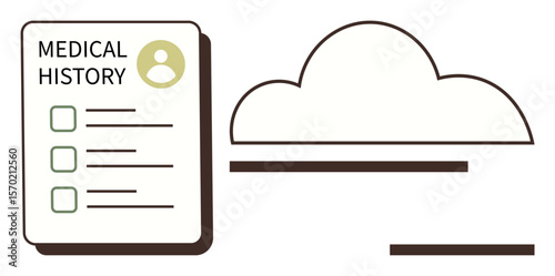 Medical history document with checklist and user profile connected to cloud element. Ideal for health data, cloud storage, medical records, digitalization, healthcare, organization, simple flat
