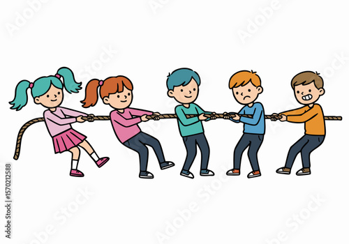 Cartoon illustration of a group of children playing tug of war, demonstrating teamwork and competition in a fun game.