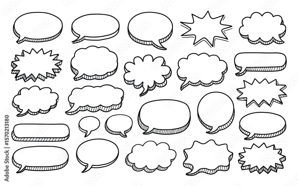 Fototapeta premium Hand Drawn Speech Bubble Sketch Set – Doodle Style Vector Talk Bubbles in Various Shapes – Comic, Chat, and Message Elements for Graphic Design and Communication Themes