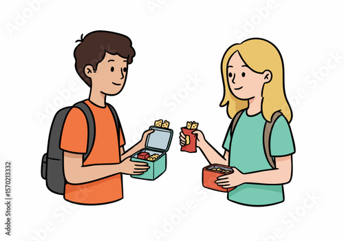 Hand-drawn illustration of two students sharing snacks from their lunch boxes during a school break.