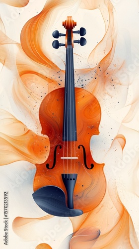 Vibrant orange violin with swirling abstract patterns and dynamic colors in artistic display