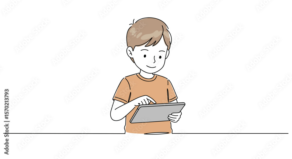 Young boy using tablet and smiling in a simple line art illustration Young boy using tablet and smiling in a simple line art illustration