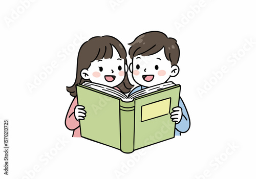 Cute illustration of two happy children reading a book together.