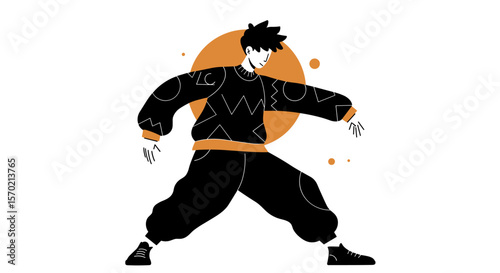 Young man dancing in stylish black outfit with orange accents  