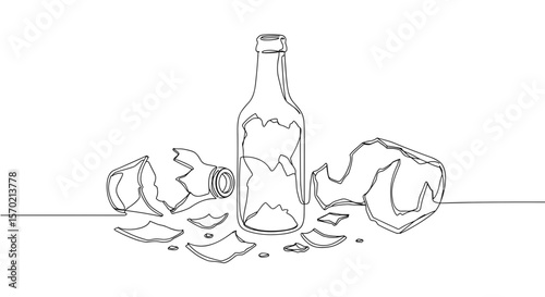 Line art of broken glass bottles and shards on flat surface  