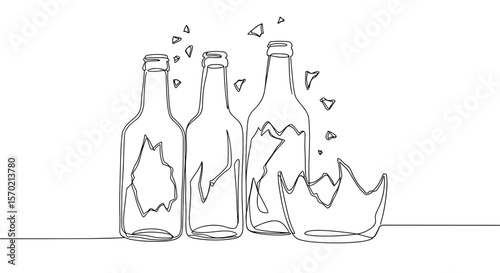 Line art of broken glass bottles with shards on a table  