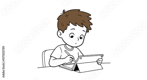 Young boy studying with tablet and writing notes at a desk  