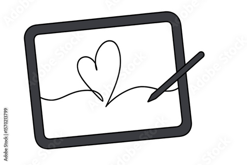 Line art tablet displaying heart drawing with stylus in hand  