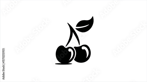 Black cherry illustration with leaves on white background  