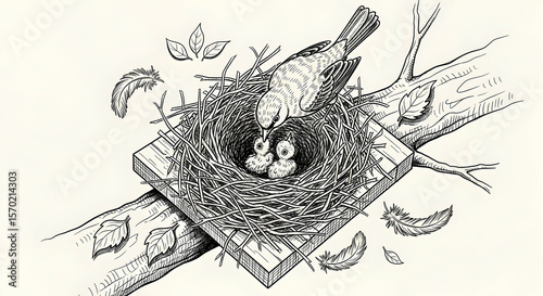 Mother Bird Nourishing Chicks In Nest On The Branch Artful Monochrome Illustration