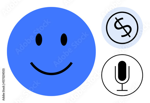 Blue happy face, dollar sign in a circle, and microphone icon emphasizing positivity, communication, and financial concepts. Ideal for branding, podcasts, finance, communication customer feedback