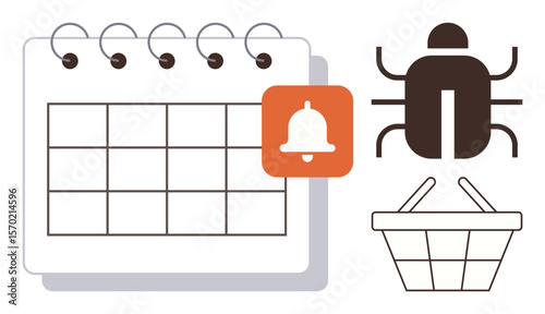 Desk calendar with bell alert, bug symbol, and shopping basket showcase scheduling features, reminders, problem-solving, and e-commerce theme. Ideal for planning, productivity, debugging online