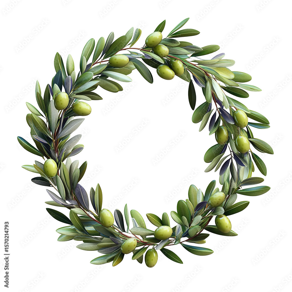 Fototapeta premium Circular wreath of olive branches and olives isolated on transparent background.