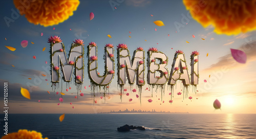 Mumbai Floating Text Display Adorned With Lotus Flowers at Sunset Horizon