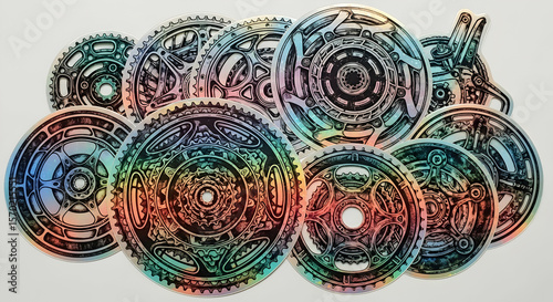 Iridescent Bicycle Components Arrangement With Holographic Effect On Light Background