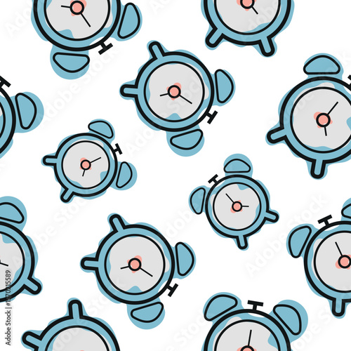 Seamless pattern with a blue school alarm clock icon, combining a line art style and abstract color spots arranged randomly, for school print, textiles or other various designs