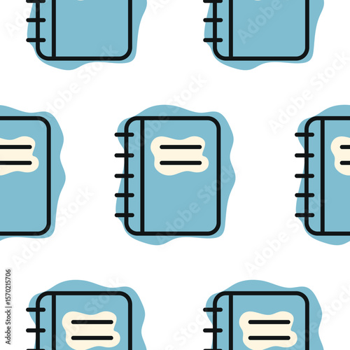 Pattern with a school blue notebook icon, combining line art style and abstract color spots, for school print, textile or other various designs