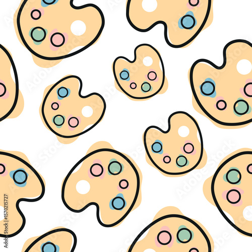 Seamless pattern with a school palette icon with paints, combining line art style and abstract color spots arranged randomly, for school print, textile or other various designs