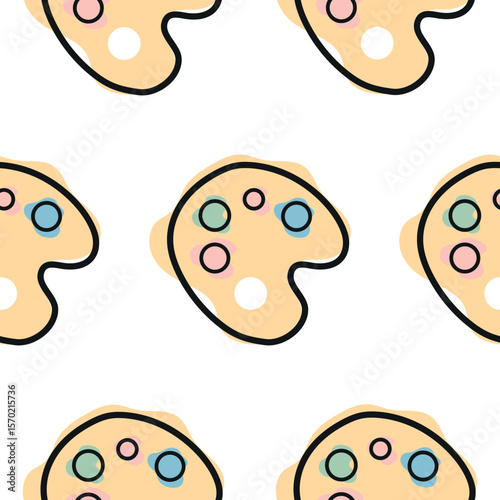 Pattern with a school paint palette icon, combining line art style and abstract color spots, for school print, textile or other various designs