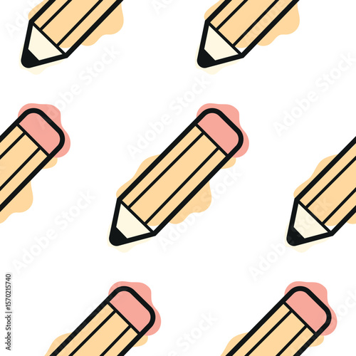pattern with a stationery icon, namely a yellow pencil, combining line art style and abstract color spots, for school printing, textiles or other various designs