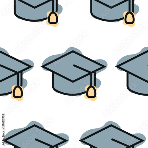 Graduation cap icon pattern combining line art style and abstract color spots, for school print, textile or other various designs
