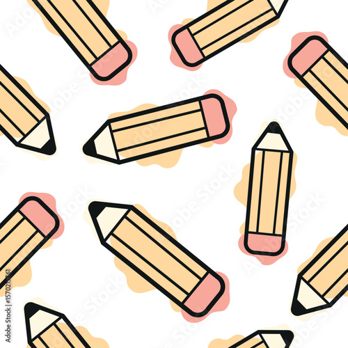 seamless pattern with stationery icons, namely a yellow pencil, combining line art style and abstract color spots arranged randomly, for school printing, textiles or other various designs