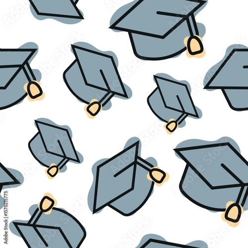 Seamless pattern with graduation cap icon, combining line art style and abstract color spots arranged randomly, for school print, textile or other various designs