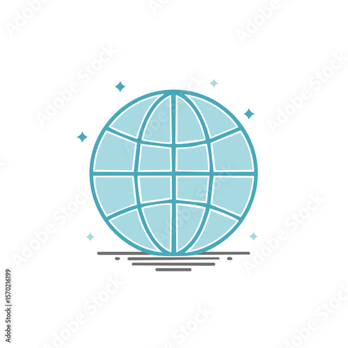 Modern flat line design with a stylized light blue earth globe with stylized glow effects around it