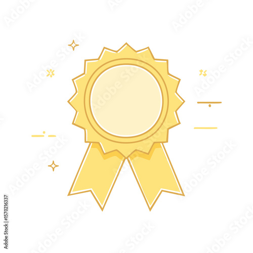 Illustration of a golden award badge with ribbon, achievement and success emblem, decoration design