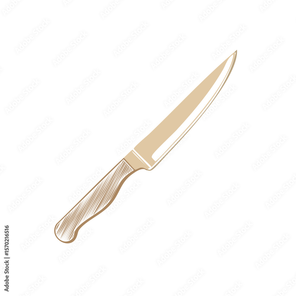 Fototapeta premium Stylized Kitchen Knife Illustration Beige on Black Food Preparation Art Cutlery Tool Sharp Metal Blade Wooden Handle