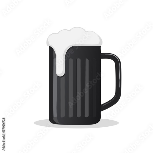Stylized illustration of a dark beer mug with foamy white head on black background.