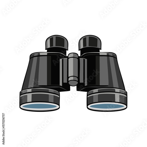 Binoculars illustration on black background for exploration, adventure, and wildlife observation. Gray binoculars for birdwatching and sightseeing.