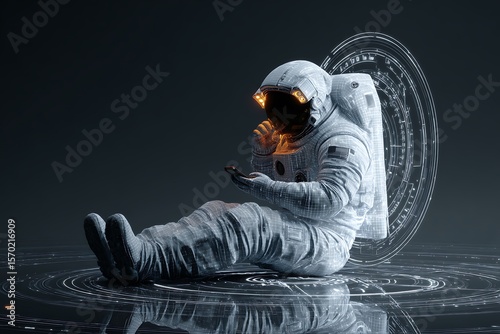 Astronaut in space suit using mobile phone while sitting in a spaceship