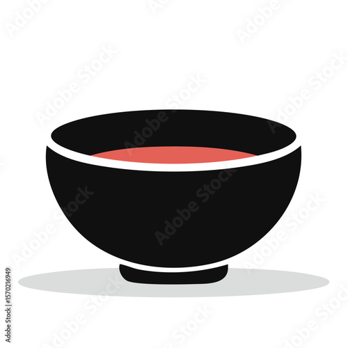 Illustration of a Black Ceramic Bowl Filled with Red Liquid Sitting on a White Surface