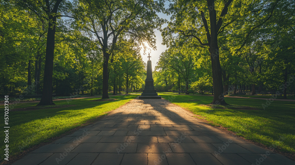 Obraz premium Monument surrounded by trees in a sunlit park scene