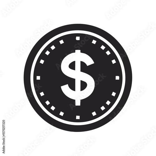 Dollar Coin Icon on Black Background, currency symbol for finance and business