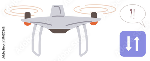 Drone in flight with motion lines, exclamation marks in speech bubble, and control symbol with arrows. Ideal for technology, robotics, innovation, navigation, exploration, surveillance delivery