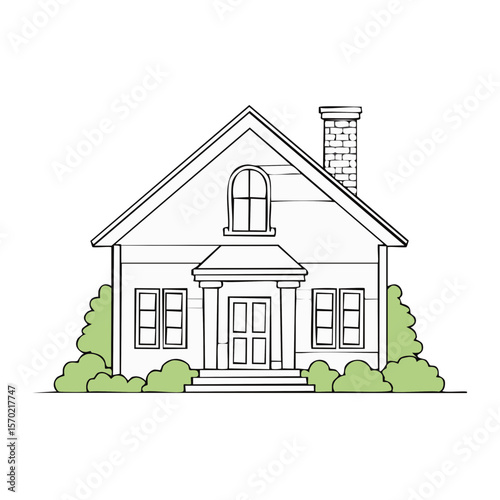 Architectural drawing of a residential house with garden in line art style on black background