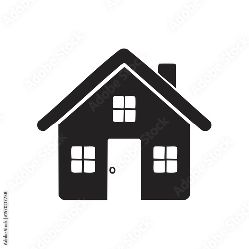 Simple black house icon on black background minimal style residential building single family home door windows chimney