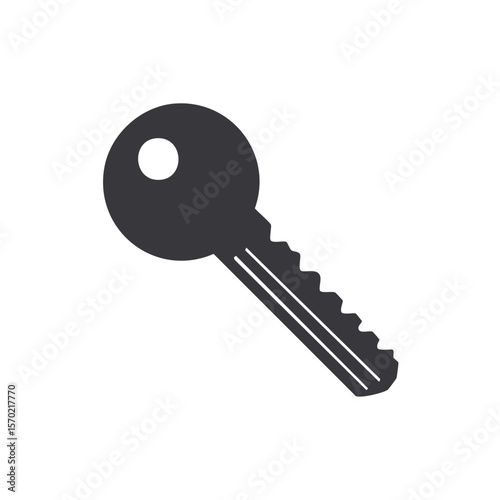 Single dark grey metal key with black background protects home security or unlocks a simple object or unlocks a digital door