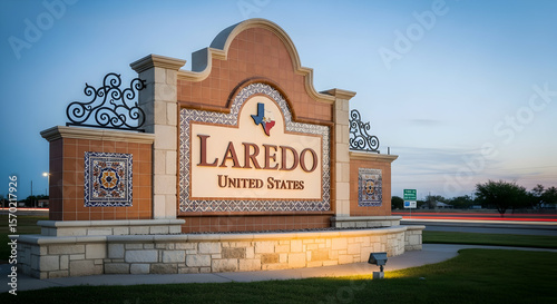 Laredo Welcome Sign At Dusk Featuring Ornate Tilework And Classic Southwestern Design