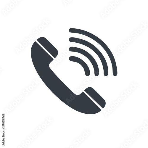 Simple icon representing telephone call with sound waves on solid black background, communication symbol for assistance hotline