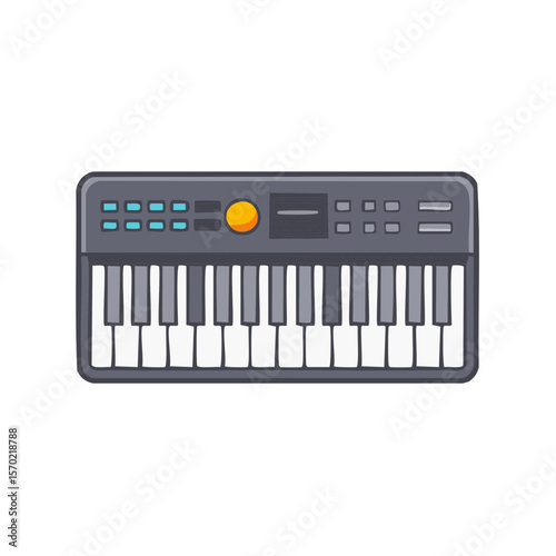 Cartoon synthesizer with white and black keys and knobs music creation digital equipment for composing studio recording or live performances