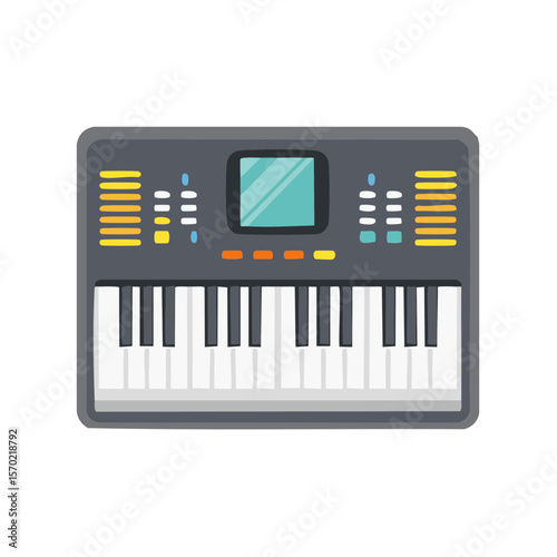 Electronic keyboard synthesizer illustration cartoon style music instrument for creating digital sounds and melodies on black background creative equipment