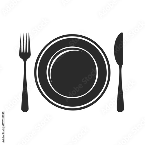 Minimalist flatware illustration with plate fork and knife in monochrome for dining invitation or restaurant branding