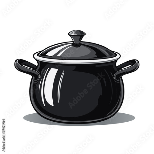 Illustration of Shiny Black Cooking Pot with Lid for Kitchenware and Culinary Themes