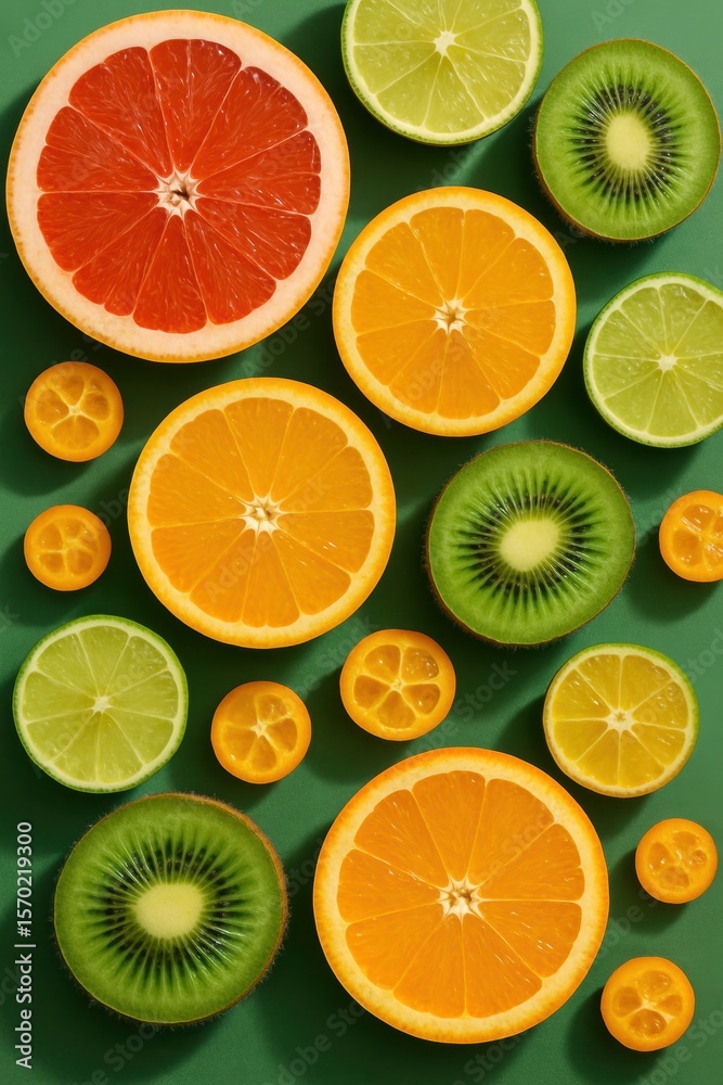 Obraz premium Sliced citrus and kiwi fruits on green background
